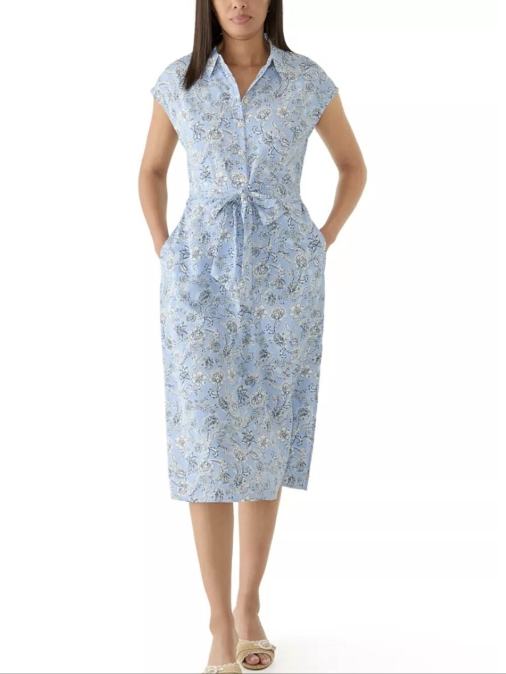 Lucky Brand Mint Green Floral Paisley Midi Dress 2X Tie Front Waist Shirtdress